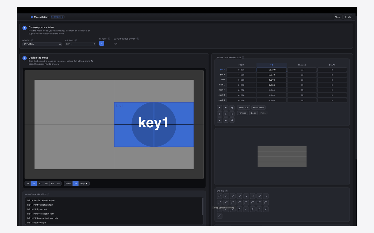 MacroMotion designing a picture-in-picture animation for an ATEM switcher