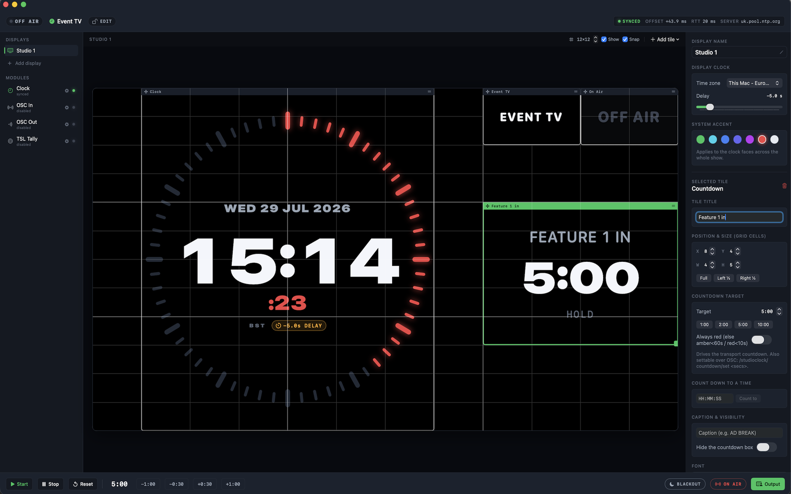 The StudioClock control window: displays and modules on the left, the design canvas in the middle, tile inspector on the right