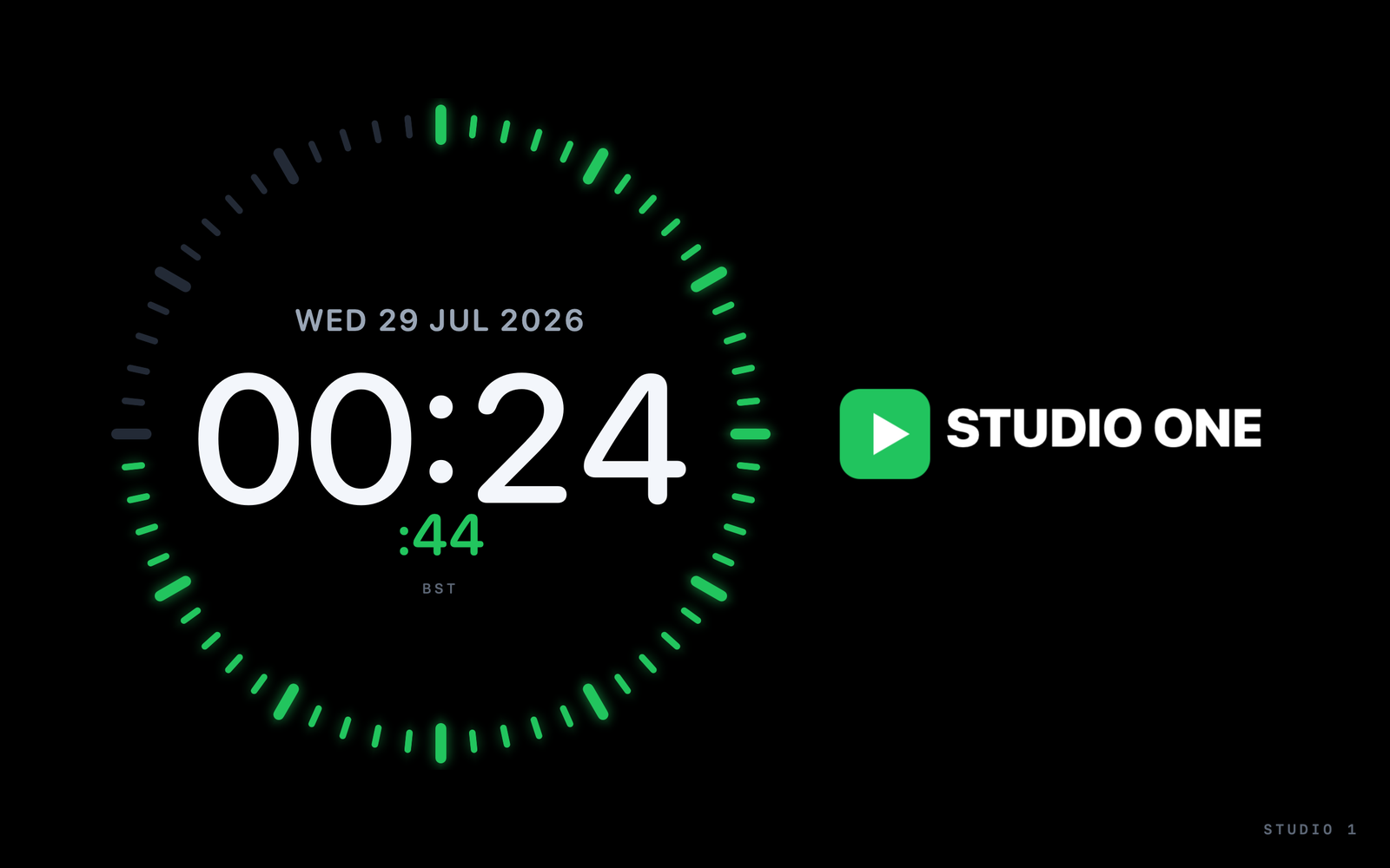 A logo tile beside the clock
