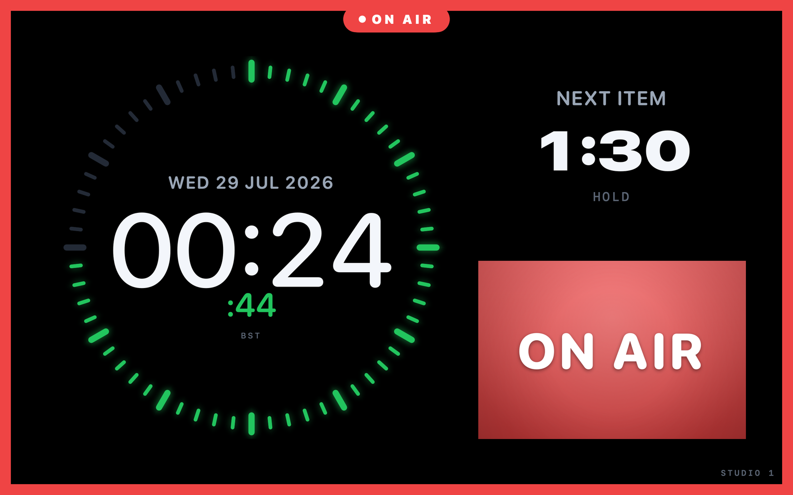 One studio output carrying a countdown clock face, a NEXT ITEM timer and an ON AIR tile inside a red ON AIR border