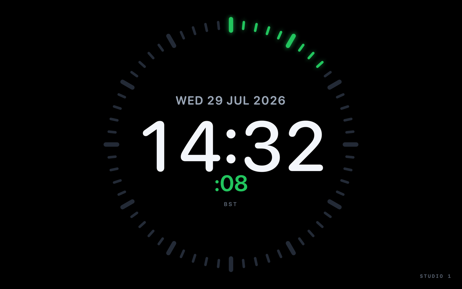 Studio clock output on a wall-mounted screen