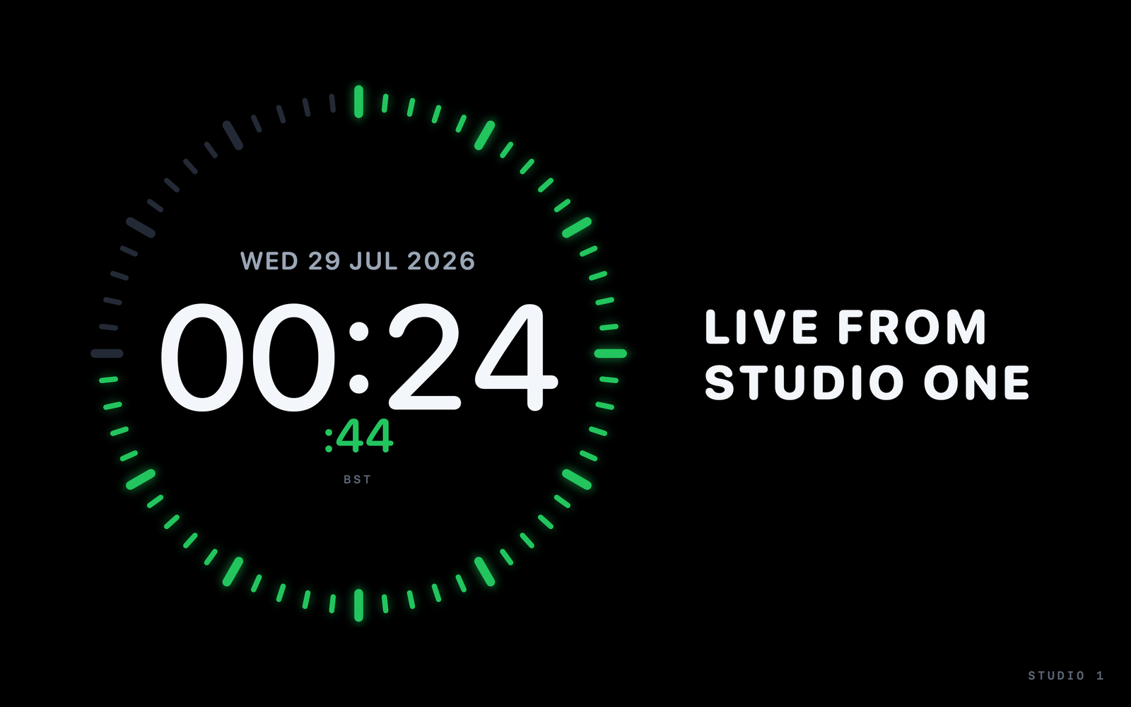 A text tile reading LIVE FROM STUDIO ONE beside the clock
